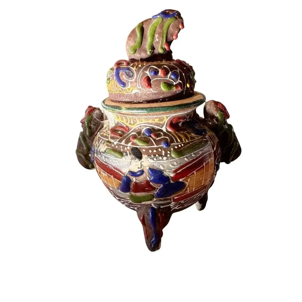 Japanese Satsuma Style Moriage Bud Vase Hand Painted Ceramic 6” + Jar W Lid 4”‎